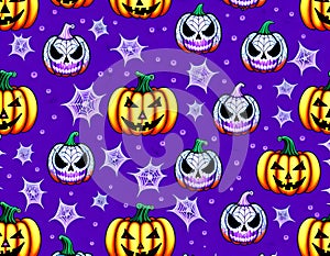 Halloween pattern with cute violet and blue cartoon spiderwebs, pumpkins on purple background, AI Generation