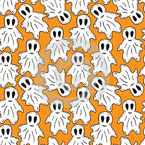 Halloween pattern with funny ghosts pattern. Seamless spooky background in cartoon style. Wrapping or textile design. Ornage photo