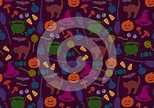 Halloween pattern. Holiday related objects. Witches accessory set. Trick or treat wallpaper. Kids background