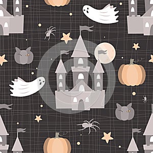 Halloween pattern. Horror background. Darc castles, pumpkin, spiders and ghosts. Scary, spooky background. Decor textile