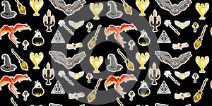 Halloween pattern. Magic items for Halloween. Magic and witchcraft. Hogwarts school of magic. Harry Potter. pattern for teens photo