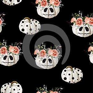 Halloween pattern with skary pumpkin and roses. Black background.