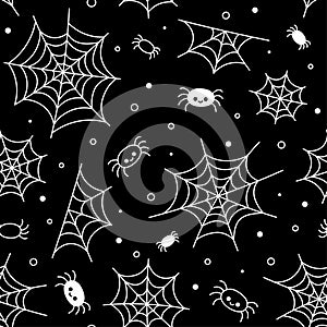 Halloween pattern. Spider web and cute spiders. Vector seamless background October 31. Black and white spooky pattern