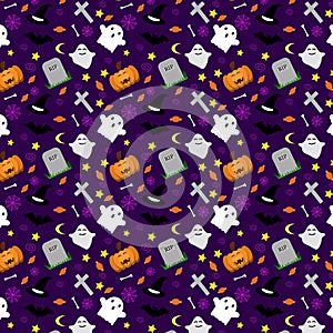 Halloween pattern vector illustration with purple background elements. Consists of pods, ghosts