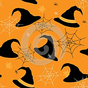 Halloween pattern with web, stars and witch hat