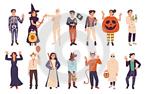 Halloween people wearing masquerade costumes, fall holiday party. Scary Halloween witch, ghost and mummy characters flat vector