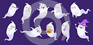 Halloween phantom. Cute ghost emoji funny death face, cartoon poltergeist in fabric costume, happy halloween ghostly