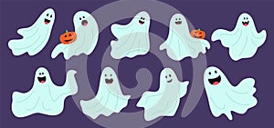 Halloween phantom set. Cute ghost emoji funny death face, poltergeist in fabric costume,