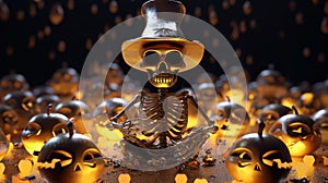Halloween photo background  - a skeleton sitting in a lotus pose with a hat and pumpkins