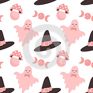 Halloween pink baby background. Seamless pattern with cute Halloween elements, ghosts, hat, moon, fly agaric mushrooms.