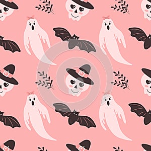 Halloween pink baby background. Seamless pattern with cute Halloween elements, ghosts, skull in a hat, bats.