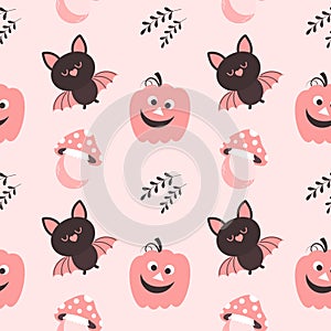 Halloween pink baby background. Seamless pattern with cute Halloween elements, pumpkins, bats and mushrooms