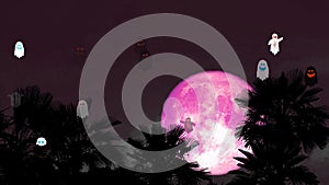 Halloween Pink moon on night sky back silhouette palm tree and party spirits