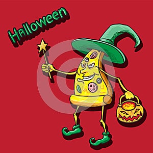 Halloween pizza character in witch hat vintage boots magic wand and pumpkin basket in hand on isolated  background