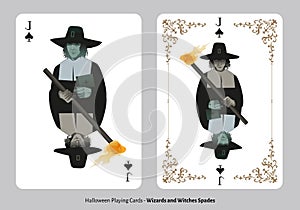 Halloween playing cards. Spades Jack. Man wearing Puritan garb from the 18th or 19th century carrying a religious book. Witch