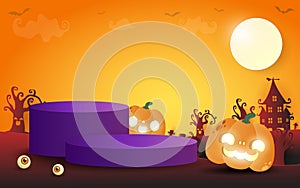 Halloween podium for product display concept, Stand show and showcase with pumpkin patch in the moonlight. Jack O Lantern, vector