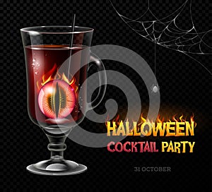 Halloween posion with burning eye. Halloween cocktail party poster. Realistic cocktail glass isolated on transperent background photo