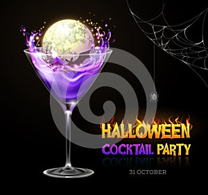 Halloween posion with full moon. Halloween cocktail party poster. Realistic cocktail glass isolated on transperent background