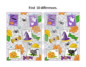 Halloween postage stamps find ten differences visual puzzle