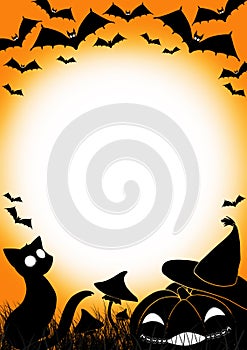 Halloween. Postcard with a field for Halloween. Happy Halloween Text Banner.Pumpkin, black cat, bats, hat, fly agaric. Cute Hallow
