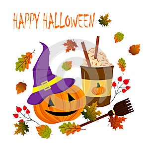Halloween postcard template. Pumpkin, hat, coffee stall and broomstick with autumn leaves.