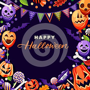 Halloween poster banner frame design with balloons, pumpkin lanterns and candies. Vector holiday decoration illustration