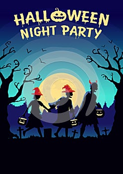 Halloween poster with Children group wearing fancy clothes and hat as witch carrying a pot to solicit gifts at night.