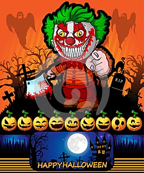 Halloween poster with clown holding a knife. Vector illustration