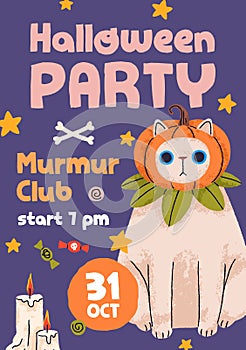 Halloween poster design for cats October party. Vertical promotion flyer template with cute funny kitty, pumpkin