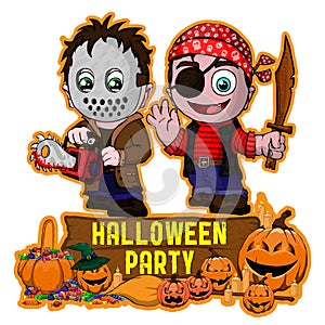 Halloween poster design with vector killer with mask and Pirate