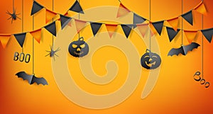 Halloween poster with flags garland, bats and pumpkin