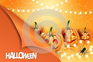 Halloween poster or flyer design. Pumpkin scare spooky face heads, spider web, and glowing garland lights over orange background c