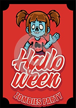 Halloween poster with funny scary zombie girl say halloween zombie party on red background , haunted house and full moon. Flayer