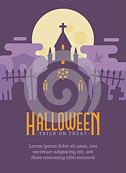 Halloween poster with gothic cemetery and a haunted chapel