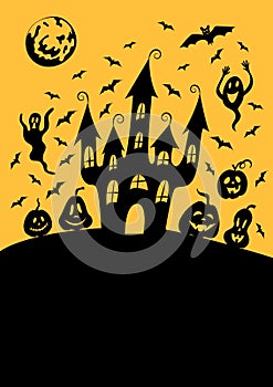 Halloween poster, greeting card template: spooky haunted house on the hill, bats, pumpkin jack lanterns, moon