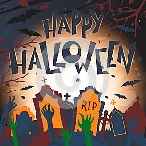 Halloween poster with grunge background,zombie hands,dead trees,full moon and bats
