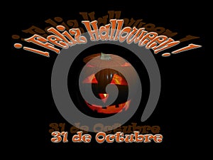 Happy Halloween poster with pumpkin, spanish photo