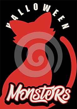 Halloween poster with red silhouette cat and custom letter monsters text. Flayer or invitation template for Halloween party.