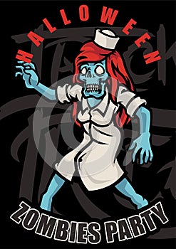 Halloween poster with the scary nurse zombie in their uniforms are ready to chase you on a black background, Flayer or invitation