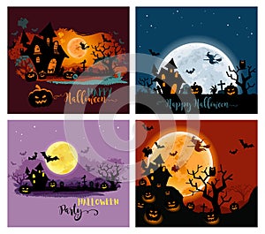 Halloween posters with a moon, haunted house, cemetery, pumpkins and a flying witch
