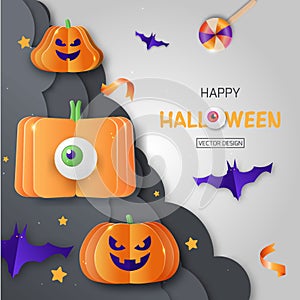 Halloween promotion banner with cutest pumpkins, bats and candy in night clouds
