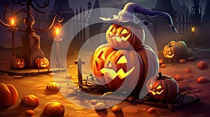 Halloween pumkins jack o\'lantern with witch hat in the graveyard, happy halloween illustration background. Generative AI
