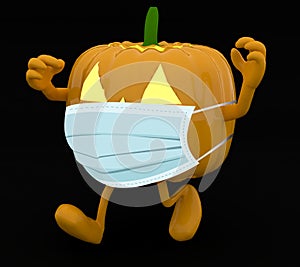 Halloween pumpkin with arms, legs and surgical mask on dark background