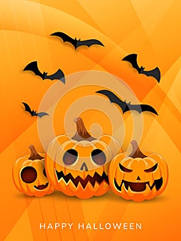 Halloween Pumpkin banner on orange background. Main symbol of the Happy Halloween holiday. Orange pumpkins and black bats for your