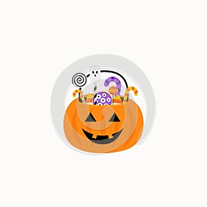Halloween. Pumpkin Basket with candies. Candy and sweet basket. Vector