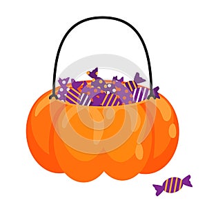 Halloween pumpkin basket full of candies vector cartoon. Treat jar for kids.