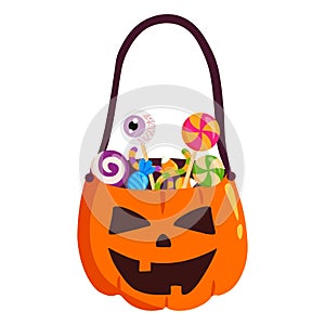 Halloween pumpkin basket full of candies on white background. Vector elements