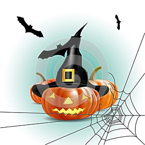 Halloween pumpkin with bat and spider web