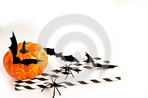 Halloween. Pumpkin, bats and spiders decor on a white background. Decorative elements for the celebration of halloween. Copy space