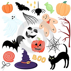 Halloween. Pumpkin, black cat, bat, ghost, spider, web. Set of illustrations